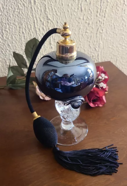 Art Glass Handblown Pedestal Perfume Atomizer Iridescent Black 7.5" Black Tassel