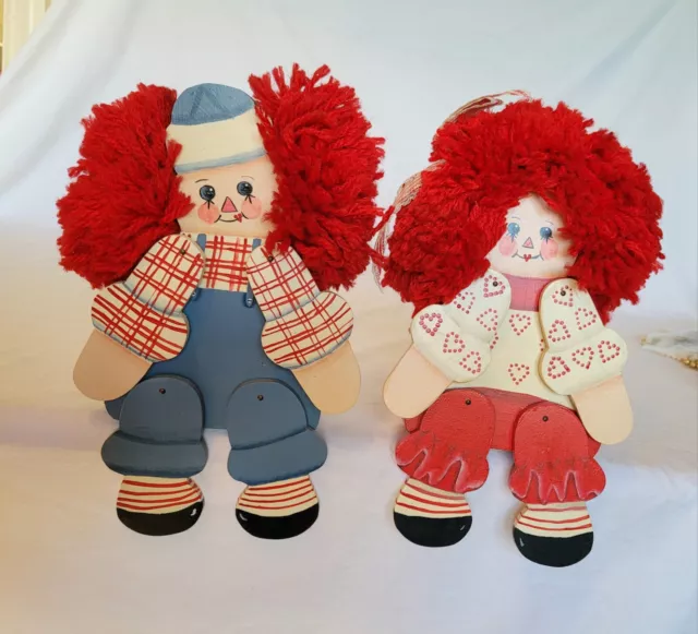 Raggedy Ann & Andy Wooden Handmade Dolls Shelf Sitters Folk Craft Handpainted