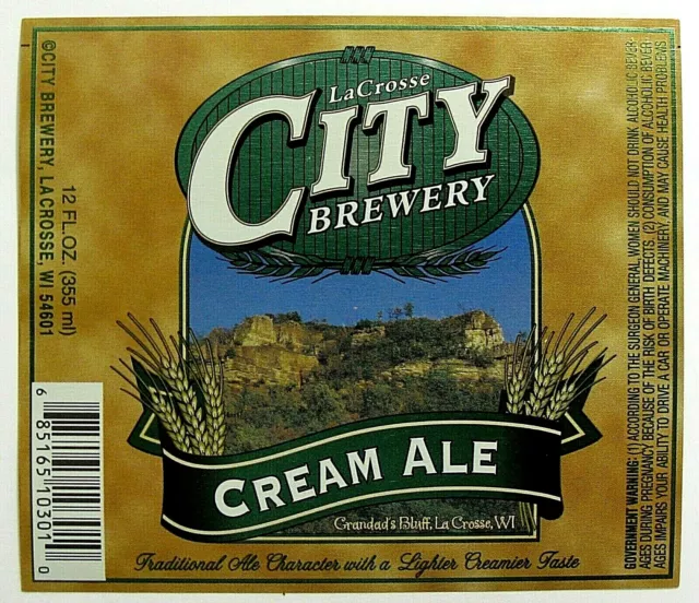 City Brewery LaCROSSE CITY BREWERY CREAM ALE beer label WI 12oz