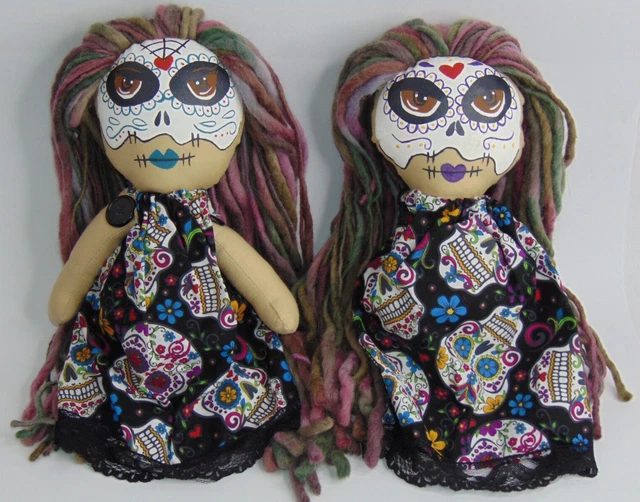 x2 Lot Handmade Voodoo Doll 10" Day Of The Dead Haunted Salem Witchcraft Painted