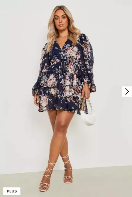 ☆BOOHOO☆ Plus Floral Chiffon Tiered Frill Skater Dress Navy Size 20 BNWT RRP £38