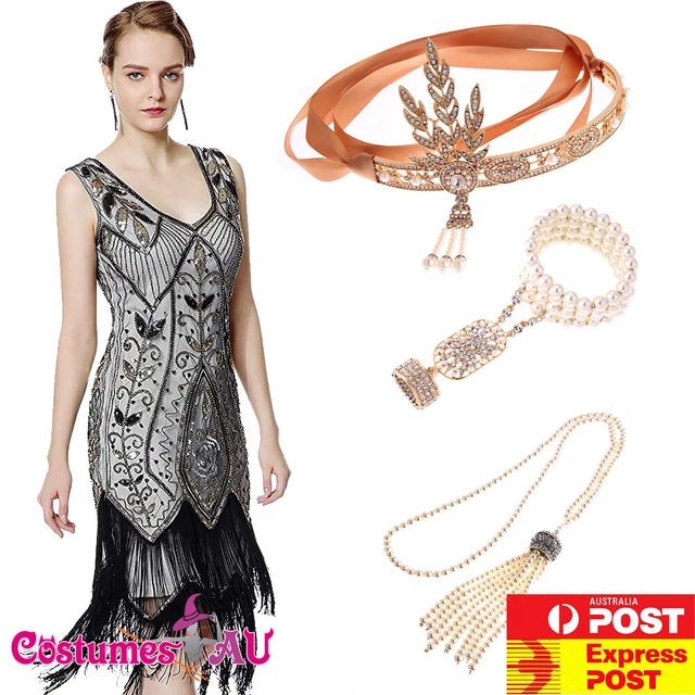 Women's 1920s Flapper Costume Dress . Black Sequin Gatsby Fancy Dress . Roaring 20s