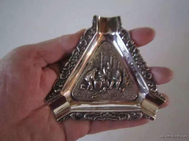 Vintage DENMARK Fish Silver Plate TRIANGLE ASHTRAY Farm Scene