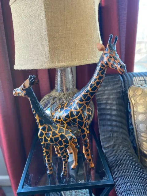 Safari Giraffes Paper Mache Leather Accent Decor Statue Set Of 2