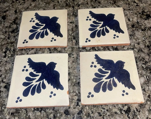 Glossy "3 Dot Bluebird" Mexican Talavera Ceramic Tiles 4x4 Terracotta Tile New