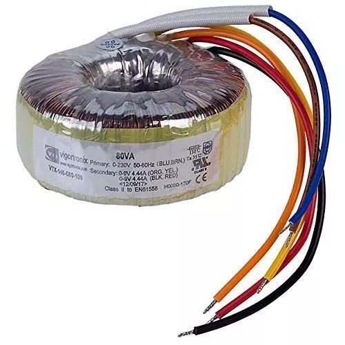 1 x 80 VA Mains Toroidal Transformer 0-230 V : 2 x 9 V