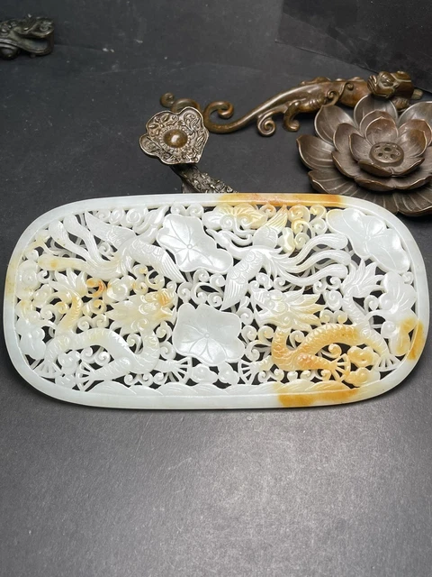 Chinese Exquisite Handmade dragon phoenix Carving Hetian Jade Statue Pendant