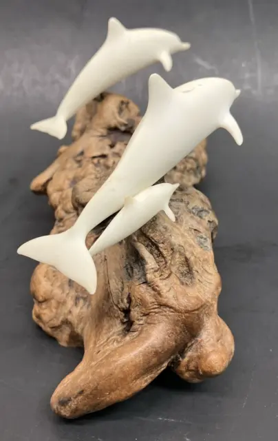 John Perry Sculpture White Dolphins On Burled Driftwood Mom and Baby and Dad