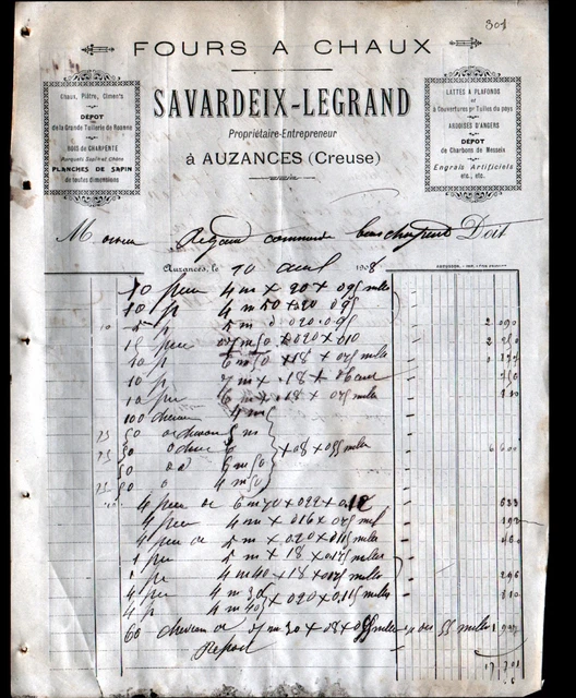 Document Ancien 1907 – Facture Bichon & Morel, Matériaux De Construction à Auzances (Creuse)