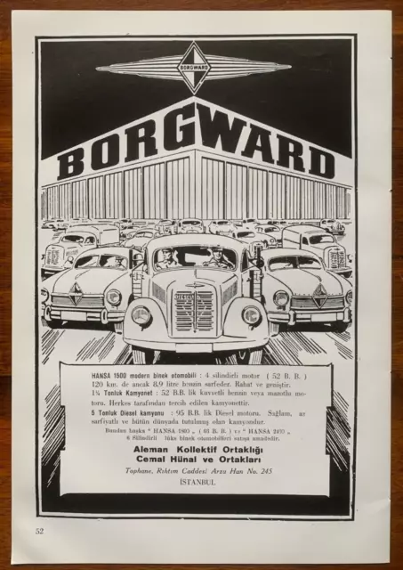 BORGWARD Hansa 1500 Pkw, 1 1/4 t Lieferwagen, 5 t Lkw - türkische Werbung 1952