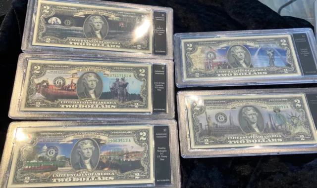 (5)thomas jefferson two dollar  $2 legal tender currency, 5 different locations