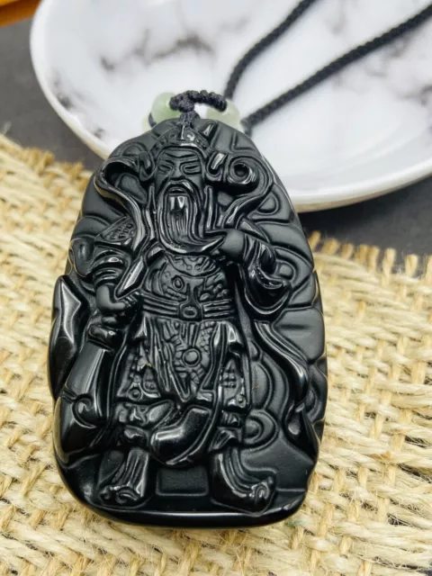 Jade Obsidian Guan Yu Charm Pendant Necklace Beads Cord Handmade Carved Gemstone