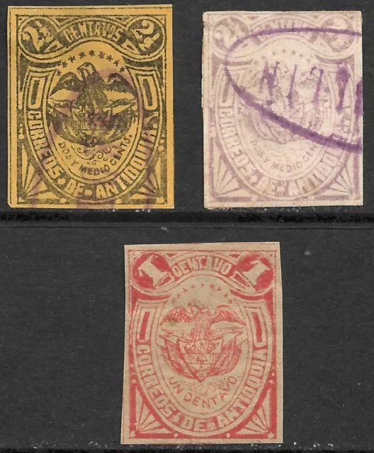 Antioquia Colombia State Scott #56, #64, #65 Imperf's 1886-1888 VF