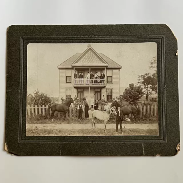 Antique Cabinet Card Great Group Photograph Beautiful House Horses Dog ID Ruck 2