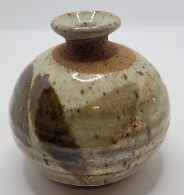 Vintage Stoneware Studio Art Pottery Mid Century Vase Brown Speckled Signed