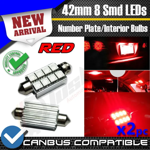 2X New Festoon 42mm 8 SMD LED RED BULBS INTERIOR CEILING ROOF DOME BOOT GLOVE UK