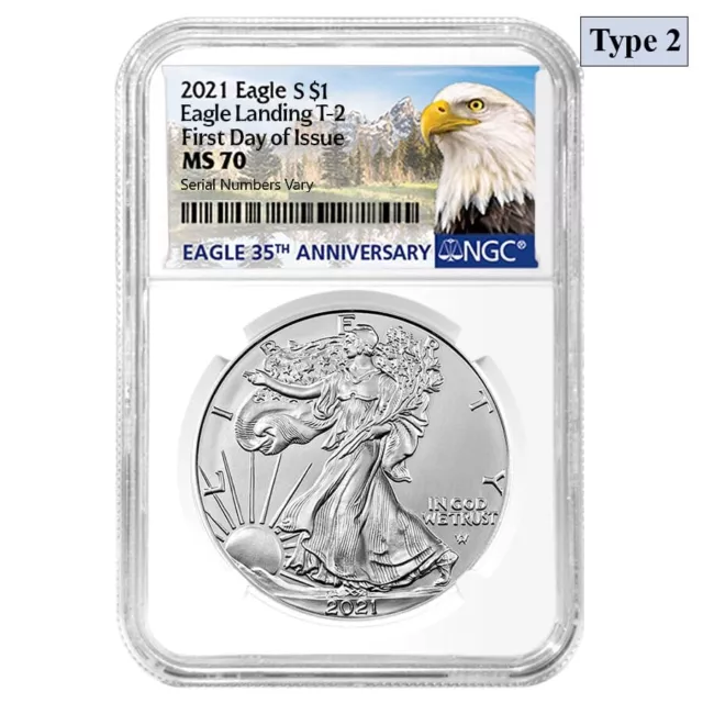 2021 1 oz Silver American Eagle Type 2 NGC MS 70 FDOI (Eagle Label)