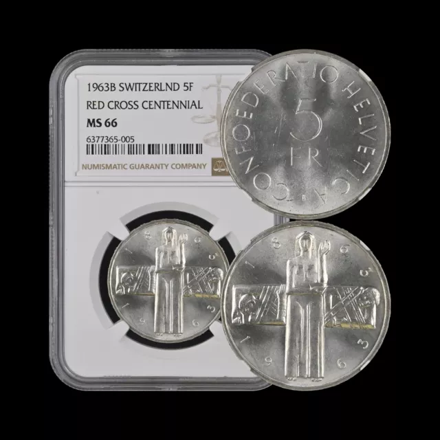 SWITZERLAND. 1963, 5 Francs, Silver - NGC MS66 - Red Cross Centennial