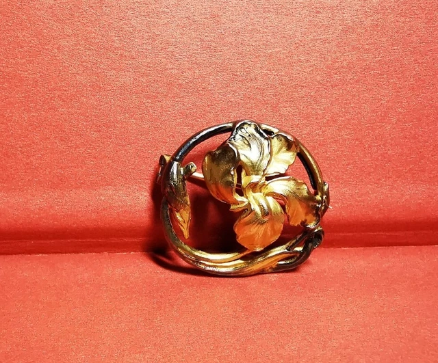 Broche Ancienne Art Déco / Nouveau - Cœur Rouge Sur Plaqué Or 18k (750) - Occasion, Bijou Vintage Français