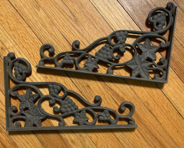 2 Large Vintage Heavy Cast Iron Ornate Shelf Brackets Grapes &  Leafs Design