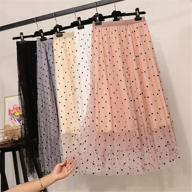 Women's Trendy Skirt Cute Casual High Waist Pleated Polka Dot Tulle Skirt Dress