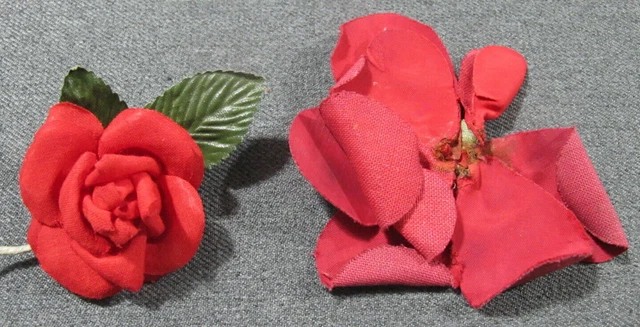 Vintage red fabric flower & leaves millinery applique + fabric flower to repair