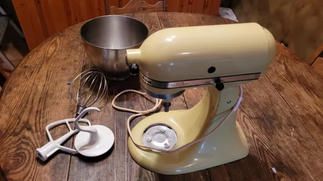 Vintage 1970s Hobart KitchenAid K45 Stand Mixer Pale Yellow w/ Accessories