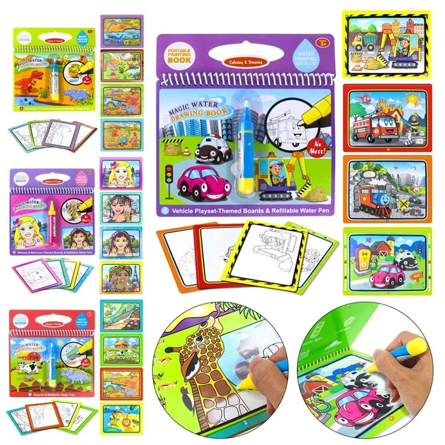 Lot 4 Livres Magiques à Eau + 4 Stylos - Coloriage Réutilisable Enfant - Dessin à L'eau Sans Tache