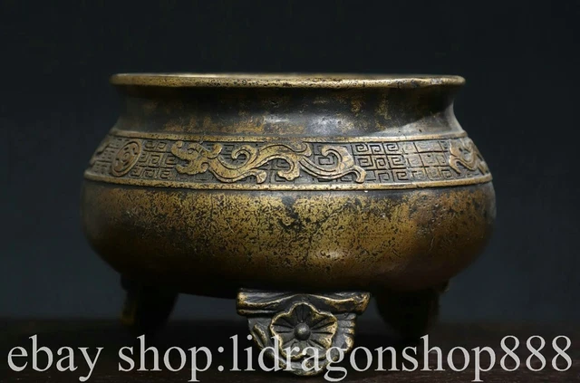 5.6" Ming Xuande Chinese Copper Gilt Dynasty 3 Foot censer incense burner