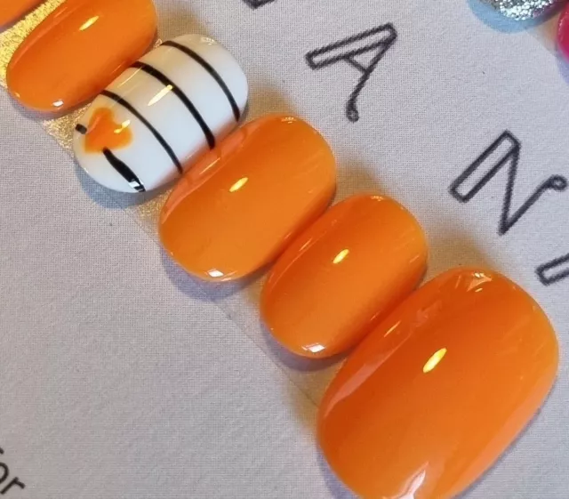 Hand Painted Press on False Nails Orange/White Heart & Stripes set of 10