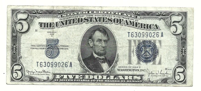 1934D $5 BLUE Seal SILVER Certificate! Old US Paper Money Currency! 2