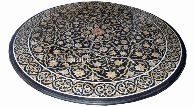 72 Inches Black Stone Restaurant Table Floral Design Inlay Work Dining Table Top
