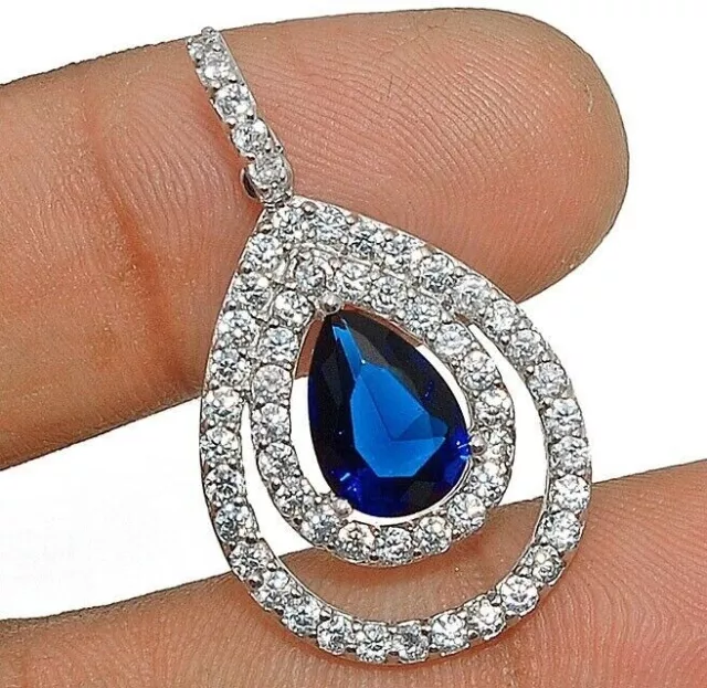 3CT Blue Sapphire & White Topaz 925 Solid Sterling Silver Pendant Jewelry YB2-2