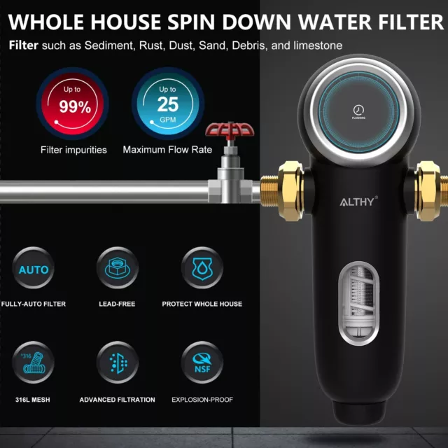 ALTHY Auto-Flush Backwash Prefilter Whole House Spin Down Sediment Water Filter 2