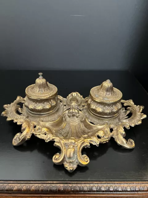 Vintage Victorian Bratt & Sons Ornate Dual Inkwell w/ Inserts Desk Set, 12 5/8"