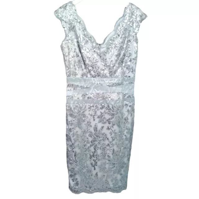 Tadashi Shoji Women's 8 Silver Sequin Lace Banded Waist V-Neck Knee Length Dress