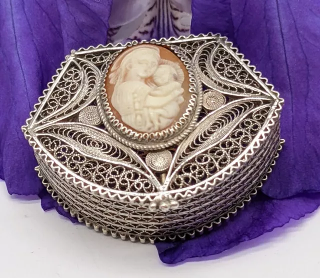 Vintage Solid Silver Filigree Pill Box, Cameo Shell Insert, Religious Themed