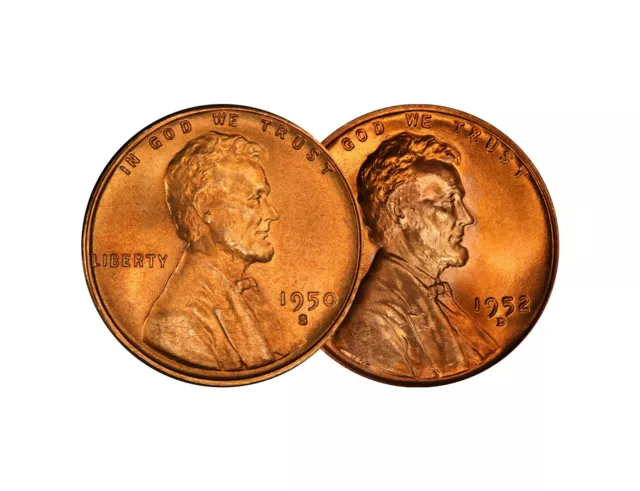 1950 S & 1952 D Lincoln Wheat Cent Choice BU 1c Brilliant Uncirculated - 2 Set
