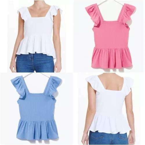 BNWT White Pink Blue Yellow Frill Sleeve Peplum  Top Summer Matalan (ST67)