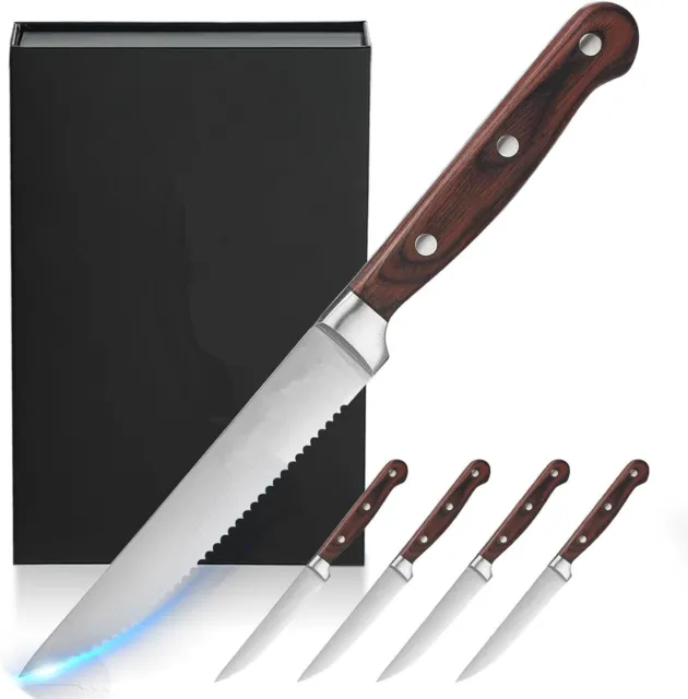 Steak Knives, Steak Knife Set of 4-Serrated German Stainless Steel (Brown)