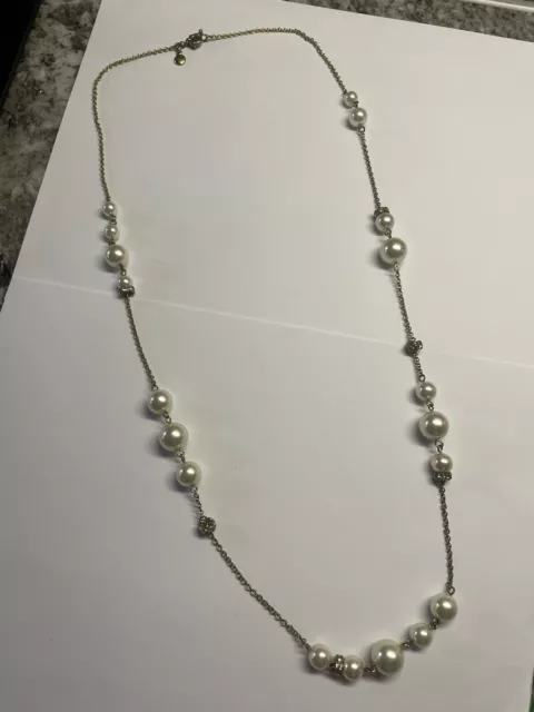 Signed J. Crew Gold Tone Faux Pearl Bead - Long Beaded Costume Necklace