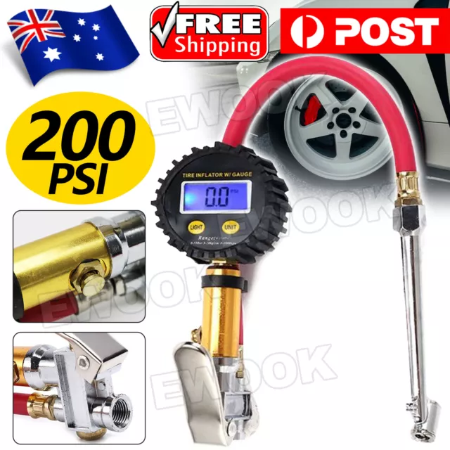 LCD Digital Tyre Inflator Car Motorcycle Air Pressure Tire Gauge PSI With Hose