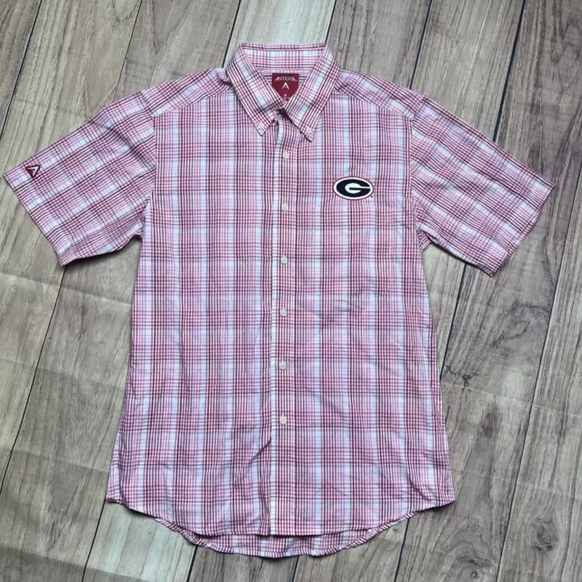 Antigua Short Sleeve Plaid Button Down Red UGA Logo Men’s Size Medium