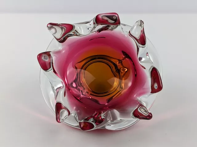 Chribska Pink Orange and Clear Glass Bowl Ashtray, 1970's Czech Art Glass 3