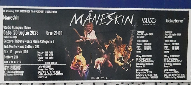 2 Biglietti Per Concerto MANESKIN 20 Luglio Stadio Olimpico Roma