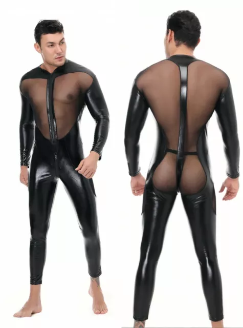 Men's PU leather Mesh tight Bodysuit Lingerie Wet Look Shiny Long Sleeve Costume