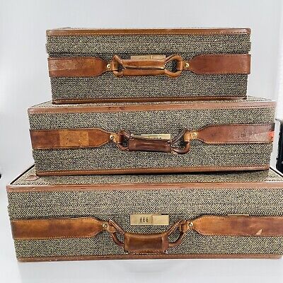 Set Of 3 Vtg Hartmann Leather Belted Tweed Pullman Luggage Suitcases 2
