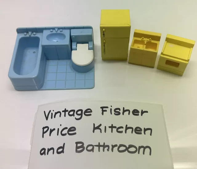 VINTAGE Fisher Price Little People Bathroom & Kitchen Set Refrigerator Sink Oven