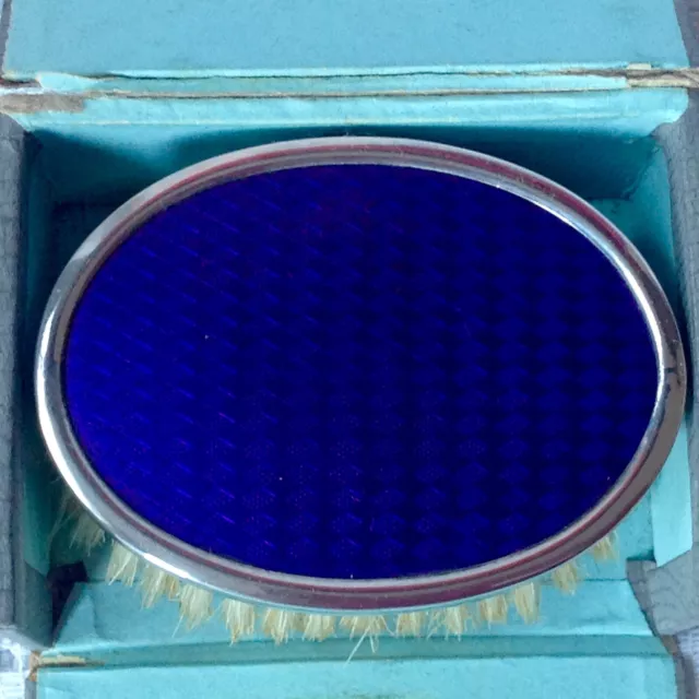 London 1927 Silver Back Childs Hairbrush Blue Enamelled Guilloche Original Box