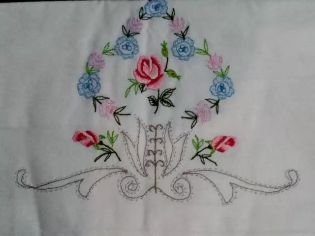 Pair Vintage White Cotton Linen Embroidered Pillowcases Floral 73cm x 48cm